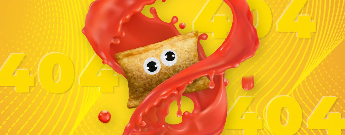 Pete ZaRoll floating in a swirl of pizza sauce on a yellow background that reads "404"