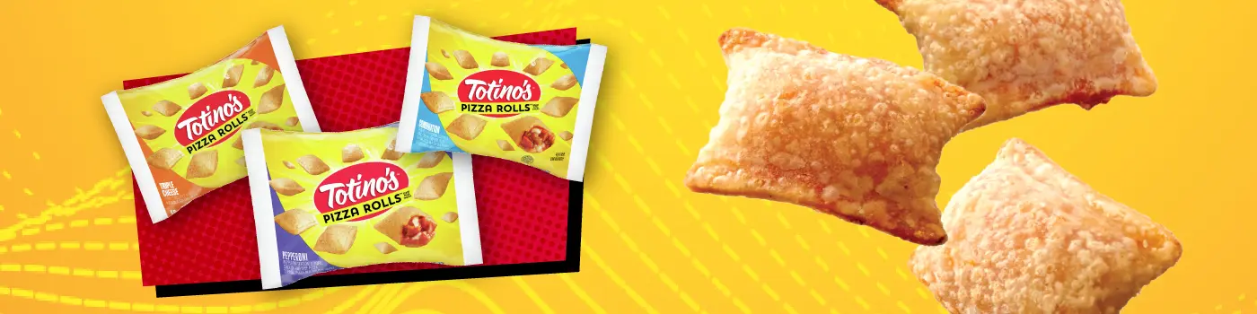 Three Totino's Pizza Rolls packs in the flavors Triple Cheese, Pepperoni & Combination & three Pizza Rolls on a yellow background