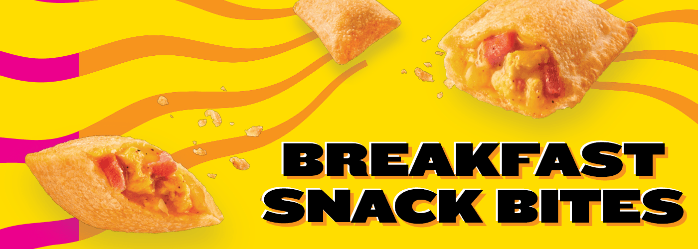 Totinos bright yellow background and wavy orange lines. On the left side of the image, there are two breakfast snack bites that are golden-brown and crispy on the outside, with a visible filling that includes scrambled eggs and pieces of ham or bacon. On the right side, in bold black text, it reads "BREAKFAST SNACK BITES