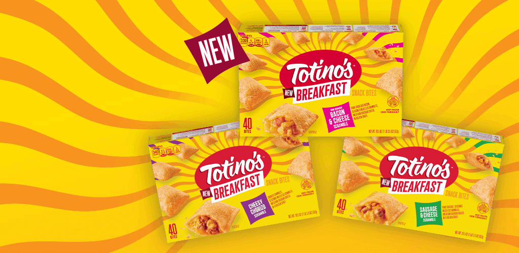 Three Totino's Breakfast pizza rolls boxes featuring different flavors (Bacon & Cheese, Sausage & Cheese, Bacon, Egg & Cheese) with a yellow and orange background. A "NEW" label is in the top left corner.